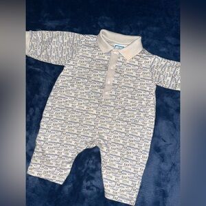 Baby Boy Vintage 90s Lullaby Club Beige Collared Button Up Fish Romper #1022